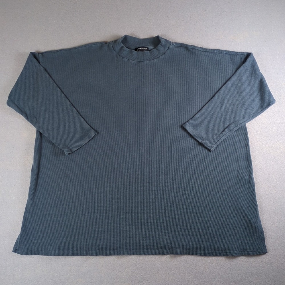 Elieen Fisher Waffle Knit Mock Neck Top Womens 3X Eucalyptus Thermal Long Sleeve